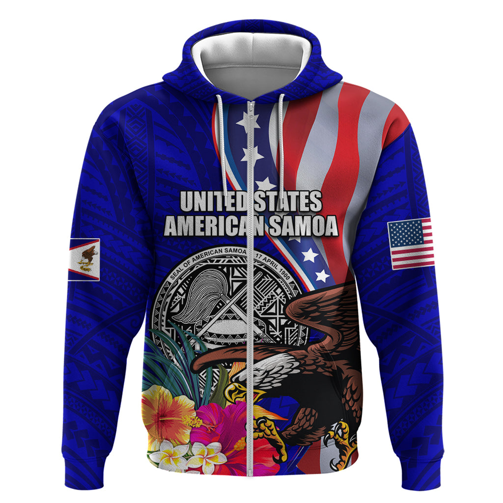 Personalised American Samoa and United States Zip Hoodie Bald Eagle and Seal Hibiscus Polynesian Pattern - Wonder Print Shop