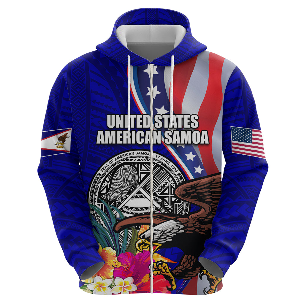 Personalised American Samoa and United States Zip Hoodie Bald Eagle and Seal Hibiscus Polynesian Pattern - Wonder Print Shop