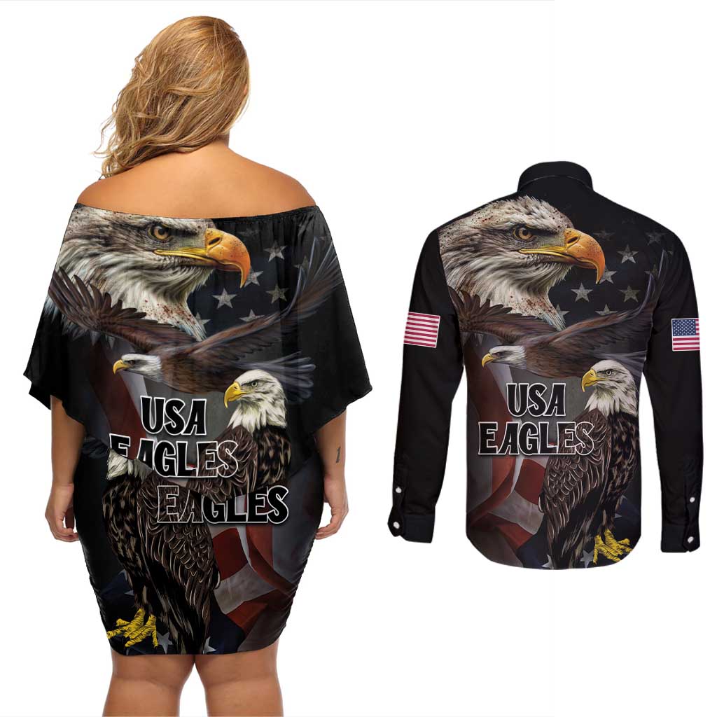 American Eagles Couples Matching Off Shoulder Short Dress and Long Sleeve Button Shirt United States Flag Vintage Style - Wonder Print Shop