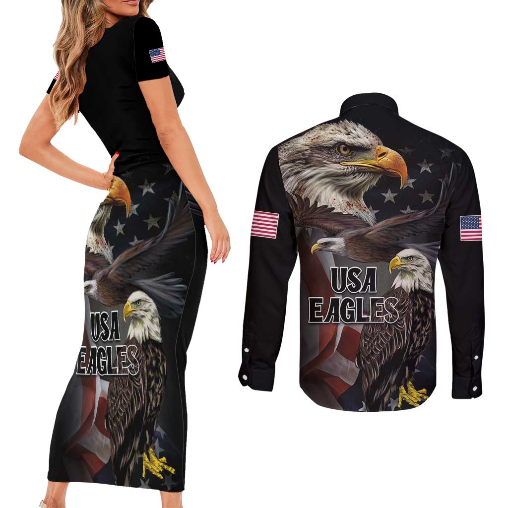 American Eagles Couples Matching Short Sleeve Bodycon Dress and Long Sleeve Button Shirt United States Flag Vintage Style - Wonder Print Shop