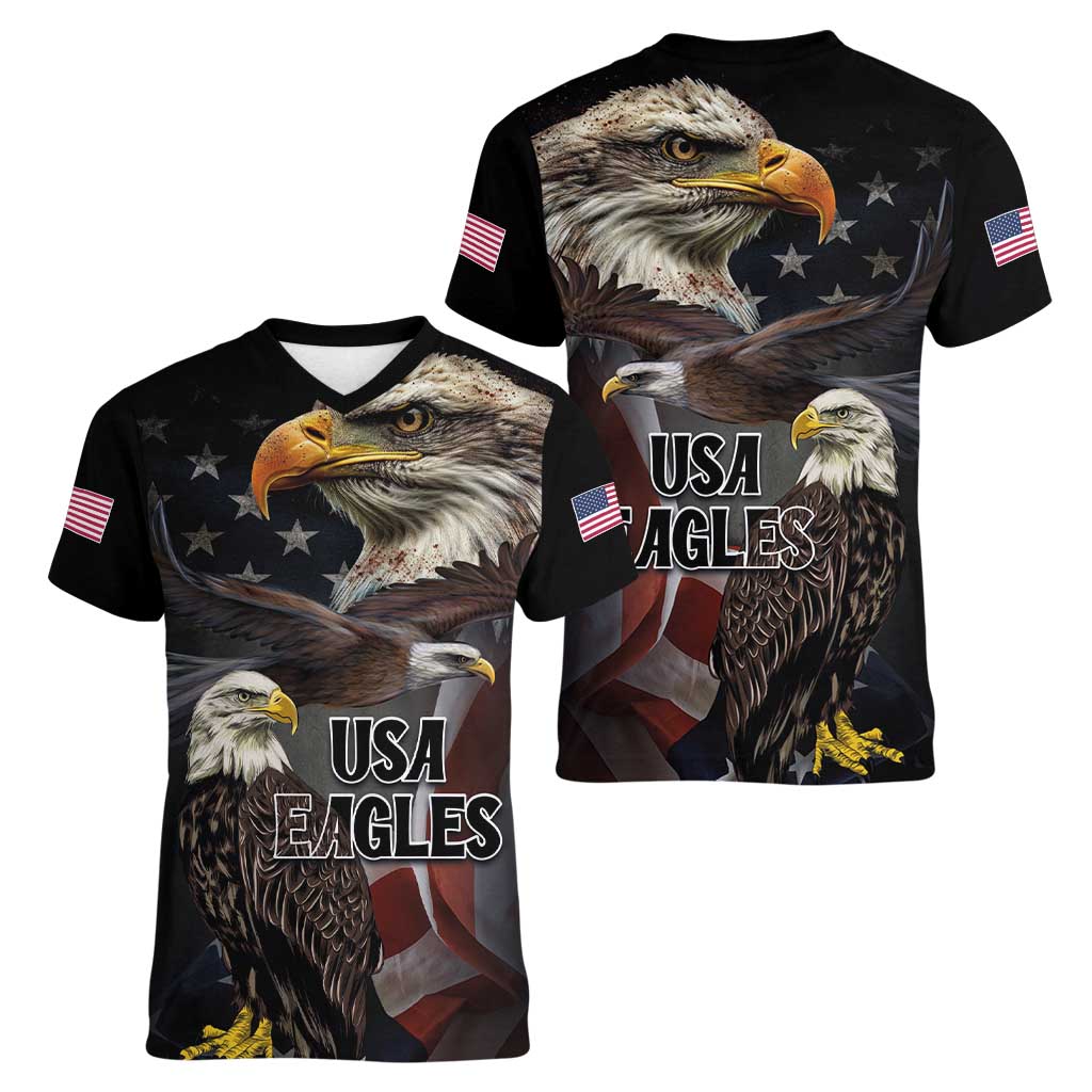 American Eagles Women V-Neck T-Shirt United States Flag Vintage Style - Wonder Print Shop