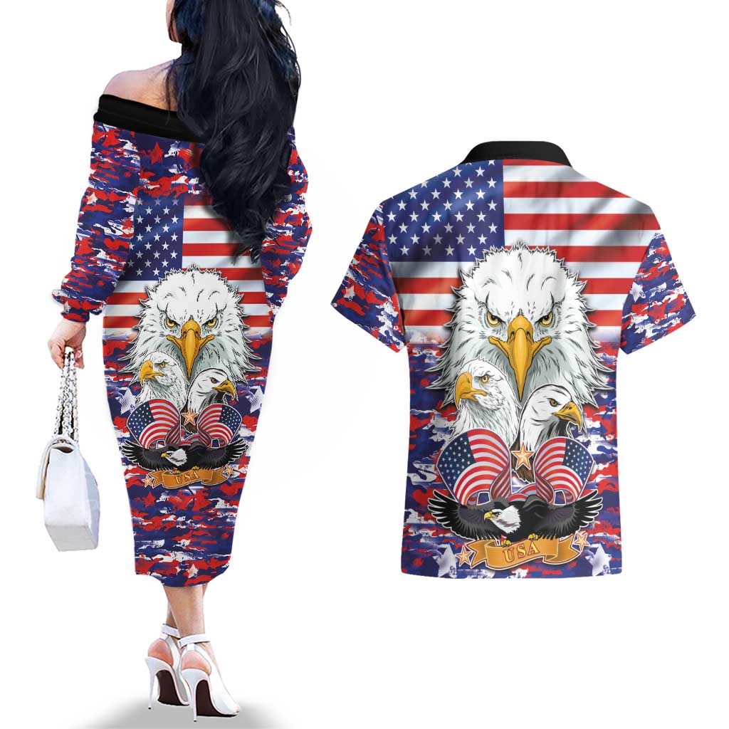 American Eagles Couples Matching Off The Shoulder Long Sleeve Dress and Hawaiian Shirt United States Flag Camouflage Style - Wonder Print Shop