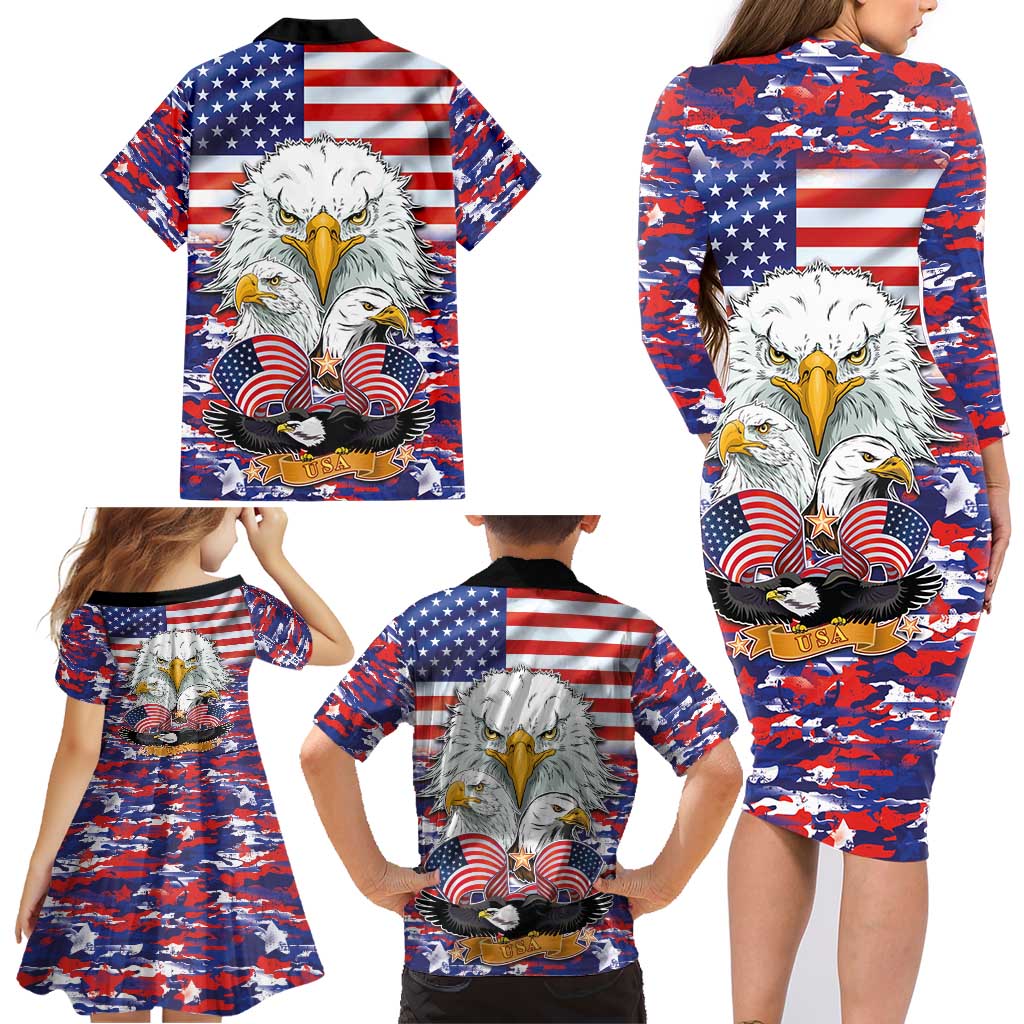 American Eagles Family Matching Long Sleeve Bodycon Dress and Hawaiian Shirt United States Flag Camouflage Style - Wonder Print Shop