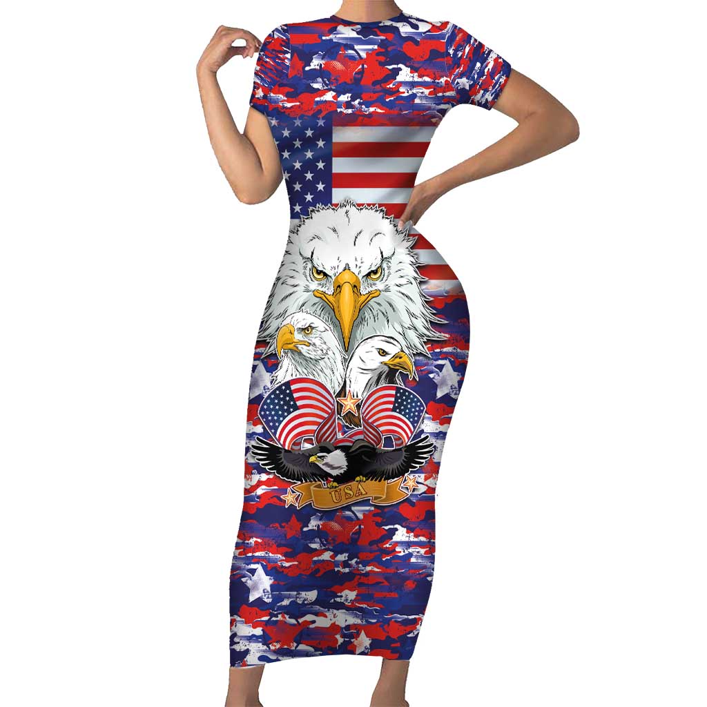 American Eagles Family Matching Short Sleeve Bodycon Dress and Hawaiian Shirt United States Flag Camouflage Style - Wonder Print Shop
