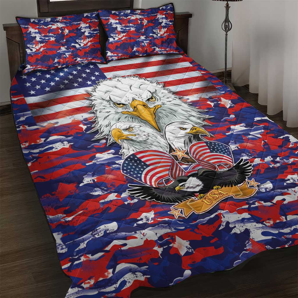 American Eagles Quilt Bed Set United States Flag Camouflage Style - Wonder Print Shop
