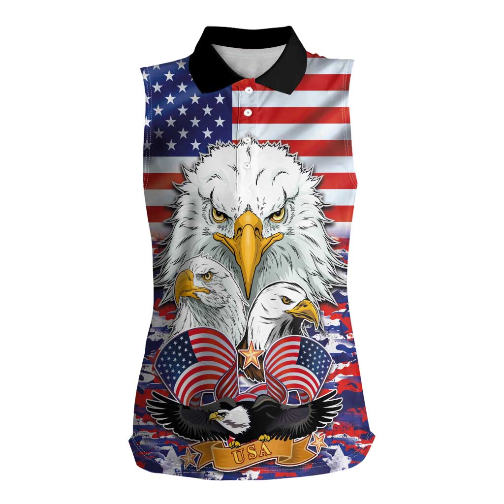 American Eagles Women Sleeveless Polo Shirt United States Flag Camouflage Style - Wonder Print Shop