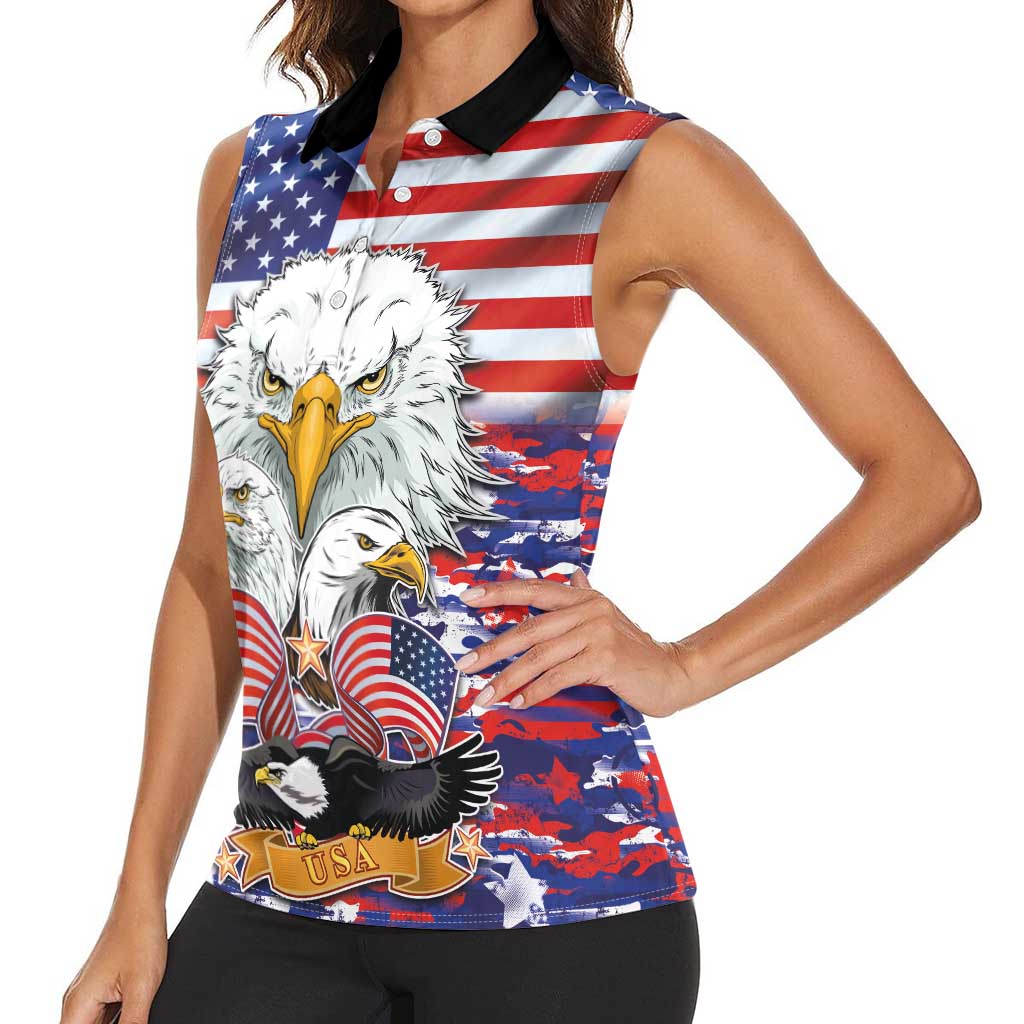American Eagles Women Sleeveless Polo Shirt United States Flag Camouflage Style - Wonder Print Shop