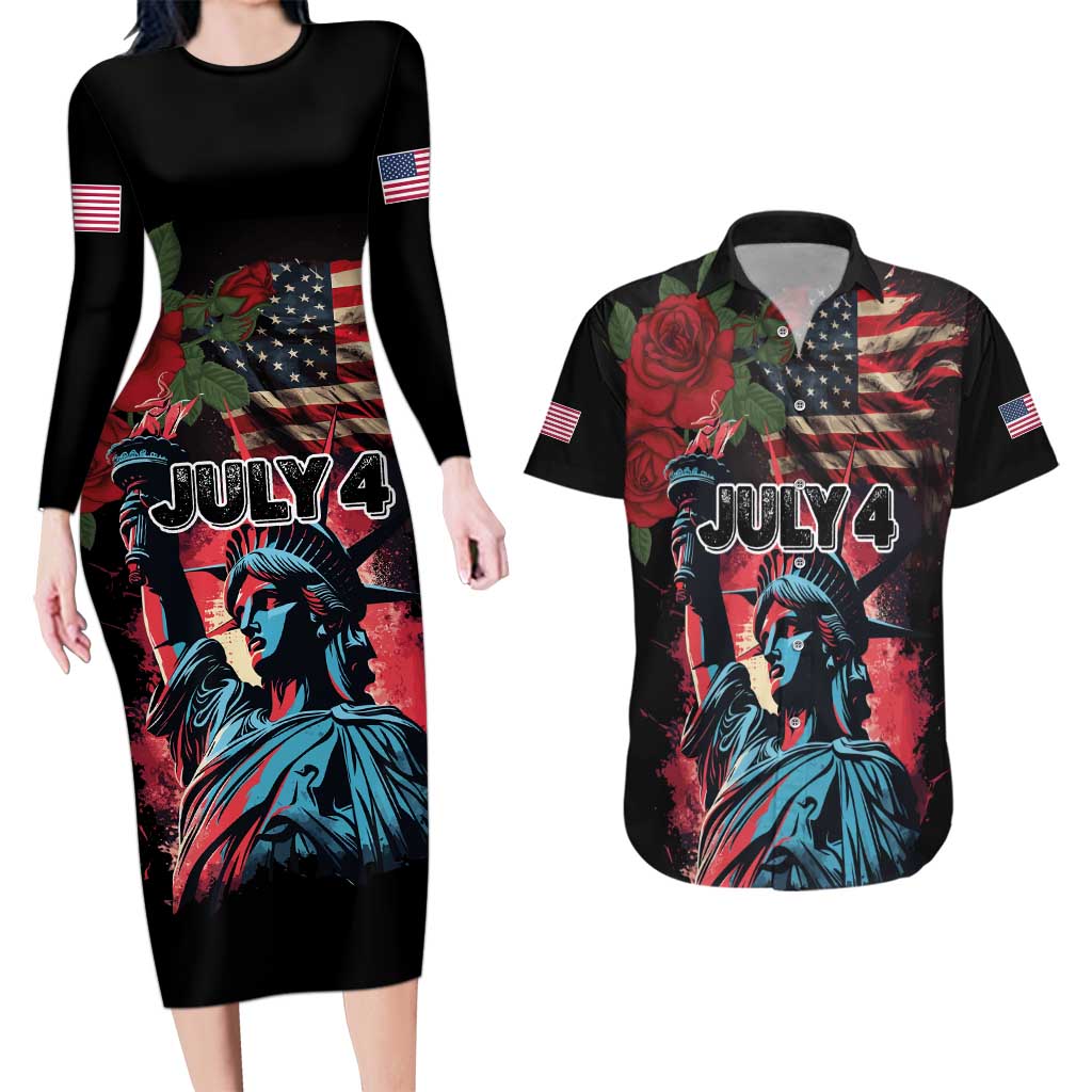 United States Independence Day Couples Matching Long Sleeve Bodycon Dress and Hawaiian Shirt The 4th of July Statue of Liberty Retro Style - Wonder Print Shop
