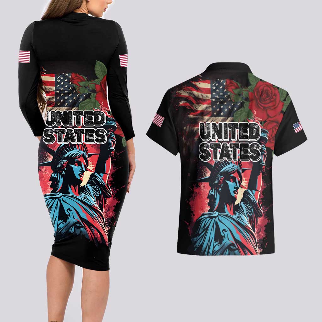 United States Independence Day Couples Matching Long Sleeve Bodycon Dress and Hawaiian Shirt The 4th of July Statue of Liberty Retro Style - Wonder Print Shop