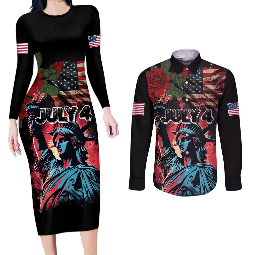 United States Independence Day Couples Matching Long Sleeve Bodycon Dress and Long Sleeve Button Shirt The 4th of July Statue of Liberty Retro Style - Wonder Print Shop