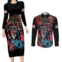 United States Independence Day Couples Matching Long Sleeve Bodycon Dress and Long Sleeve Button Shirt The 4th of July Statue of Liberty Retro Style - Wonder Print Shop