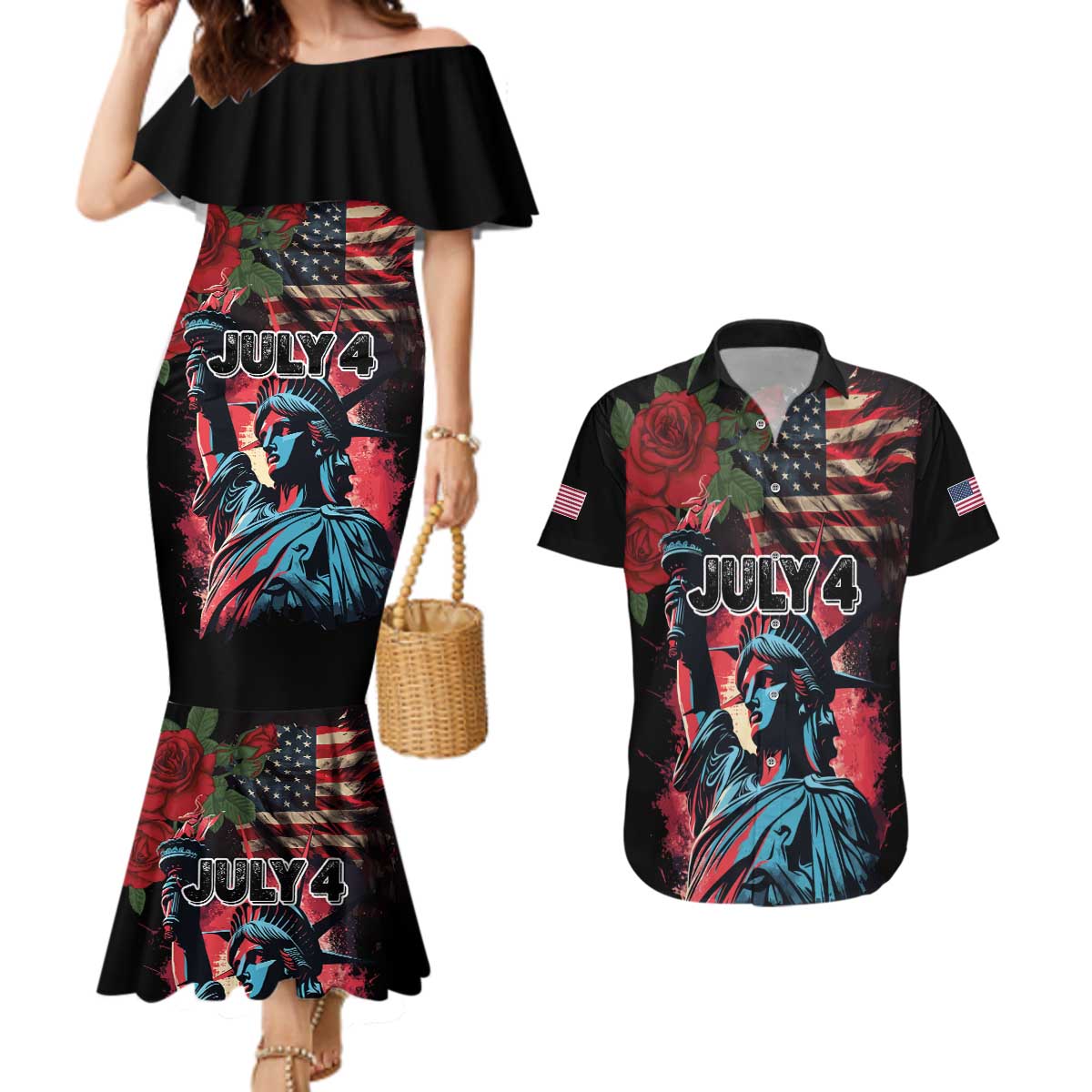 United States Independence Day Couples Matching Mermaid Dress and Hawaiian Shirt The 4th of July Statue of Liberty Retro Style - Wonder Print Shop