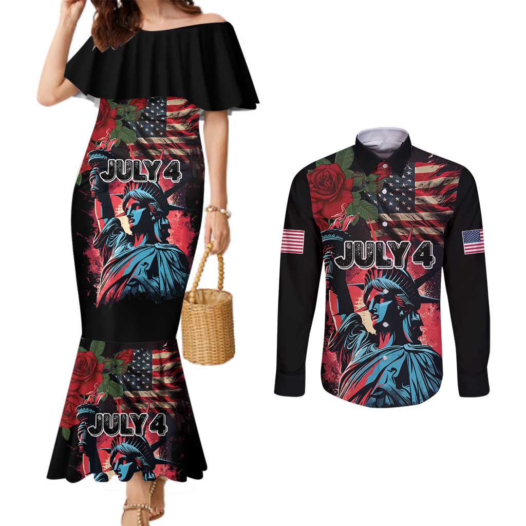 United States Independence Day Couples Matching Mermaid Dress and Long Sleeve Button Shirt The 4th of July Statue of Liberty Retro Style