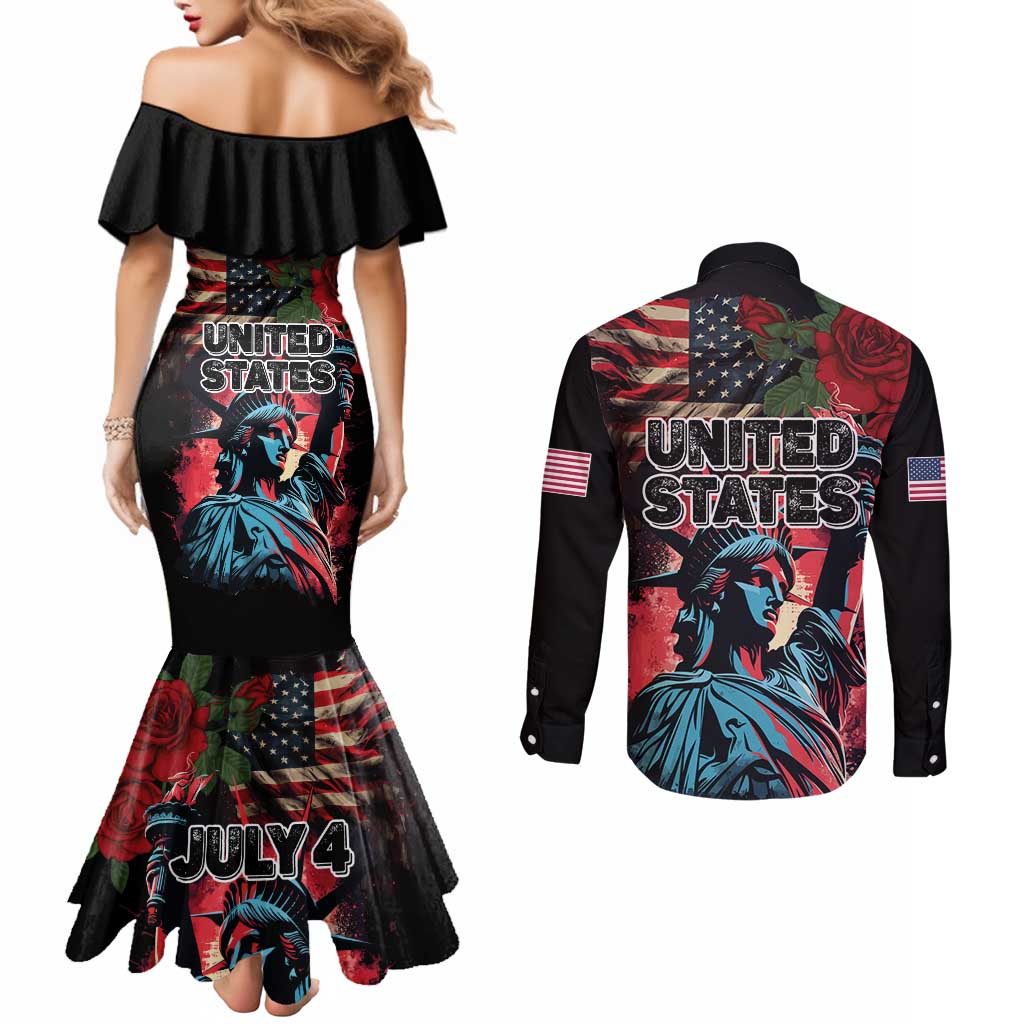 United States Independence Day Couples Matching Mermaid Dress and Long Sleeve Button Shirt The 4th of July Statue of Liberty Retro Style