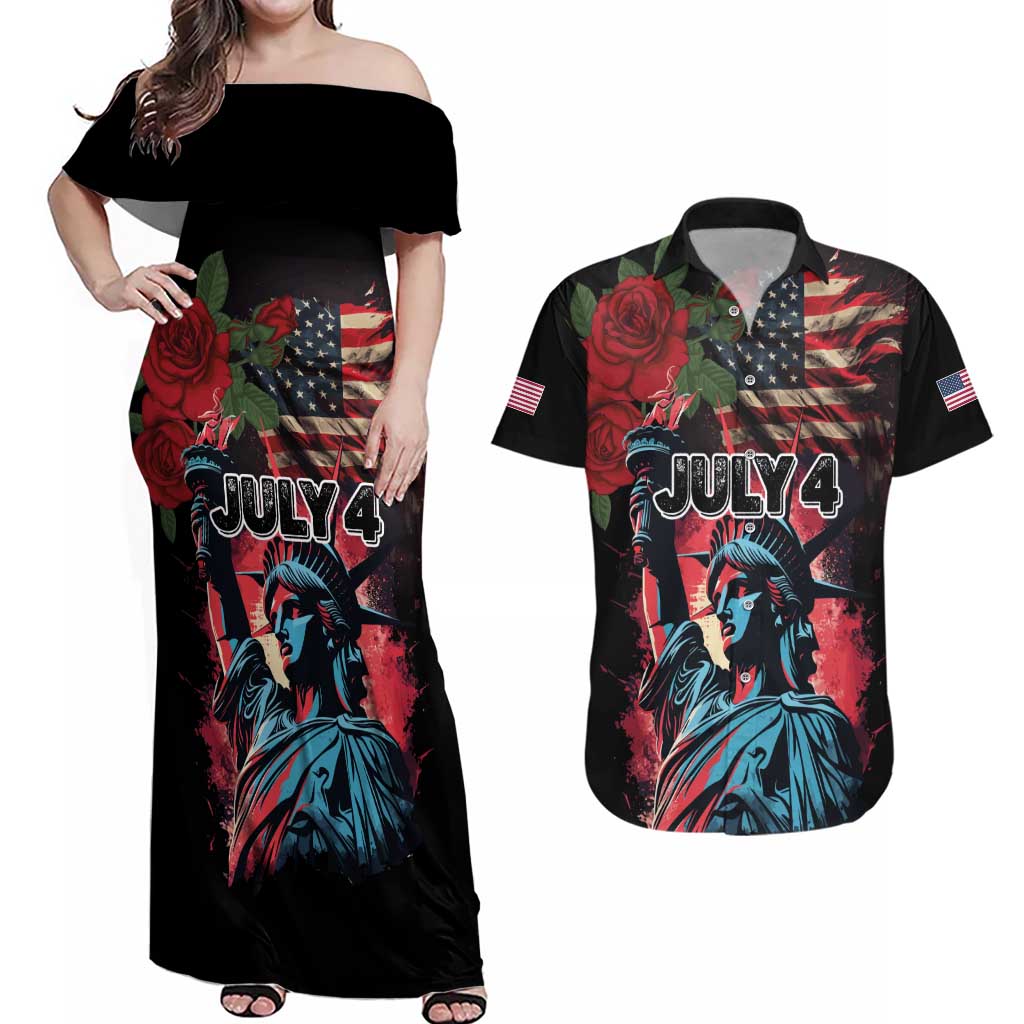 United States Independence Day Couples Matching Off Shoulder Maxi Dress and Hawaiian Shirt The 4th of July Statue of Liberty Retro Style - Wonder Print Shop