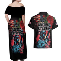 United States Independence Day Couples Matching Off Shoulder Maxi Dress and Hawaiian Shirt The 4th of July Statue of Liberty Retro Style - Wonder Print Shop