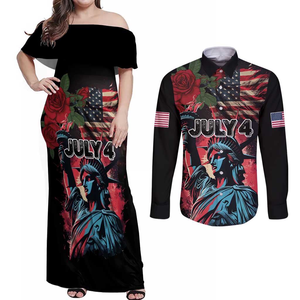 United States Independence Day Couples Matching Off Shoulder Maxi Dress and Long Sleeve Button Shirt The 4th of July Statue of Liberty Retro Style - Wonder Print Shop