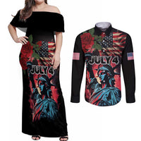United States Independence Day Couples Matching Off Shoulder Maxi Dress and Long Sleeve Button Shirt The 4th of July Statue of Liberty Retro Style - Wonder Print Shop