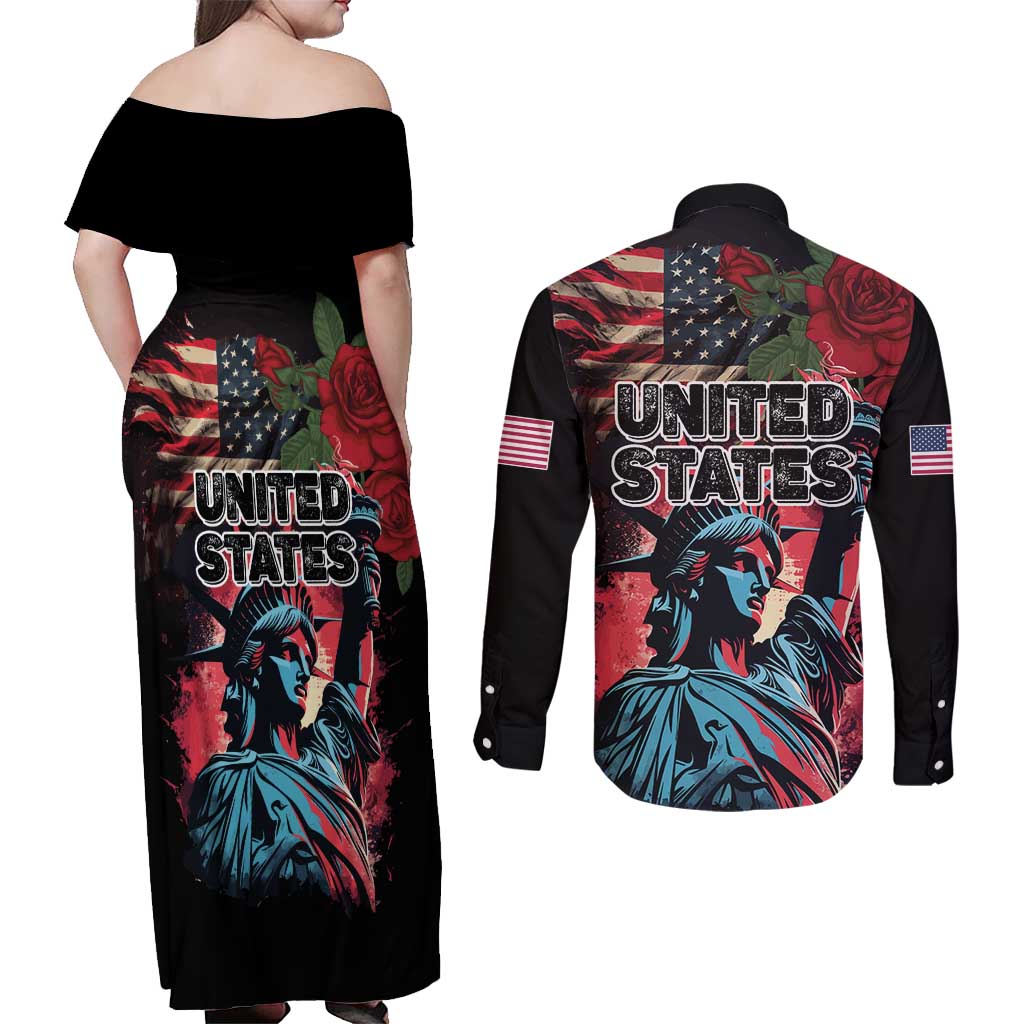 United States Independence Day Couples Matching Off Shoulder Maxi Dress and Long Sleeve Button Shirt The 4th of July Statue of Liberty Retro Style - Wonder Print Shop