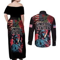 United States Independence Day Couples Matching Off Shoulder Maxi Dress and Long Sleeve Button Shirt The 4th of July Statue of Liberty Retro Style - Wonder Print Shop
