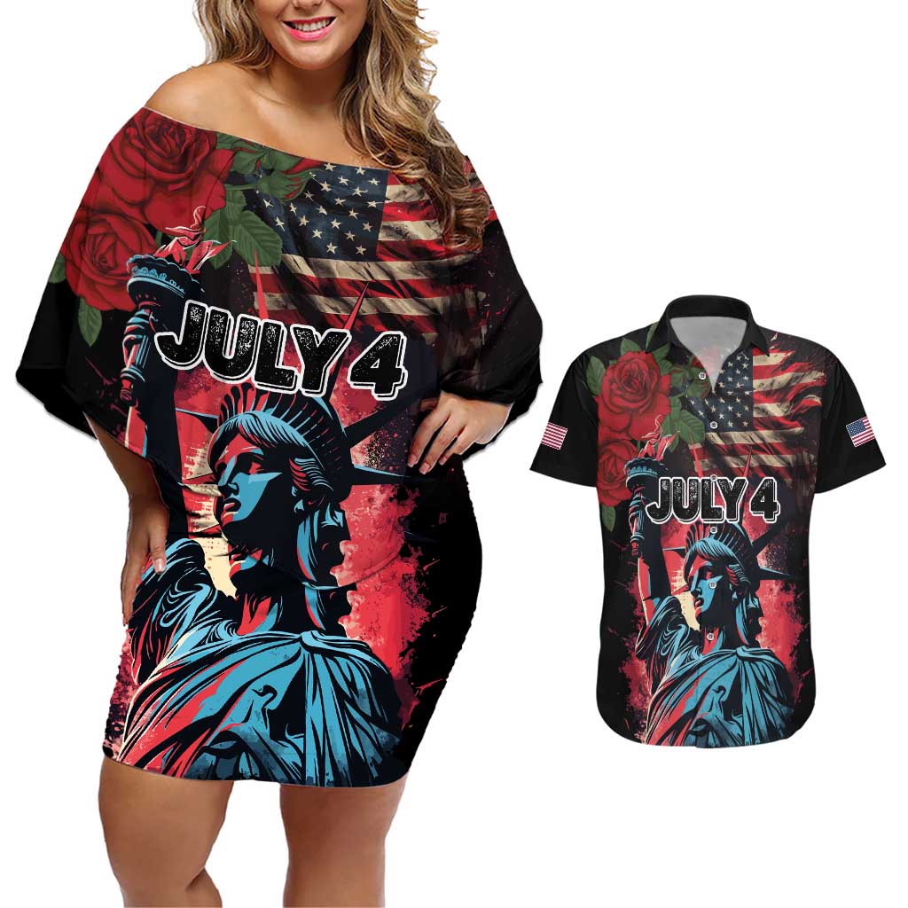 United States Independence Day Couples Matching Off Shoulder Short Dress and Hawaiian Shirt The 4th of July Statue of Liberty Retro Style - Wonder Print Shop