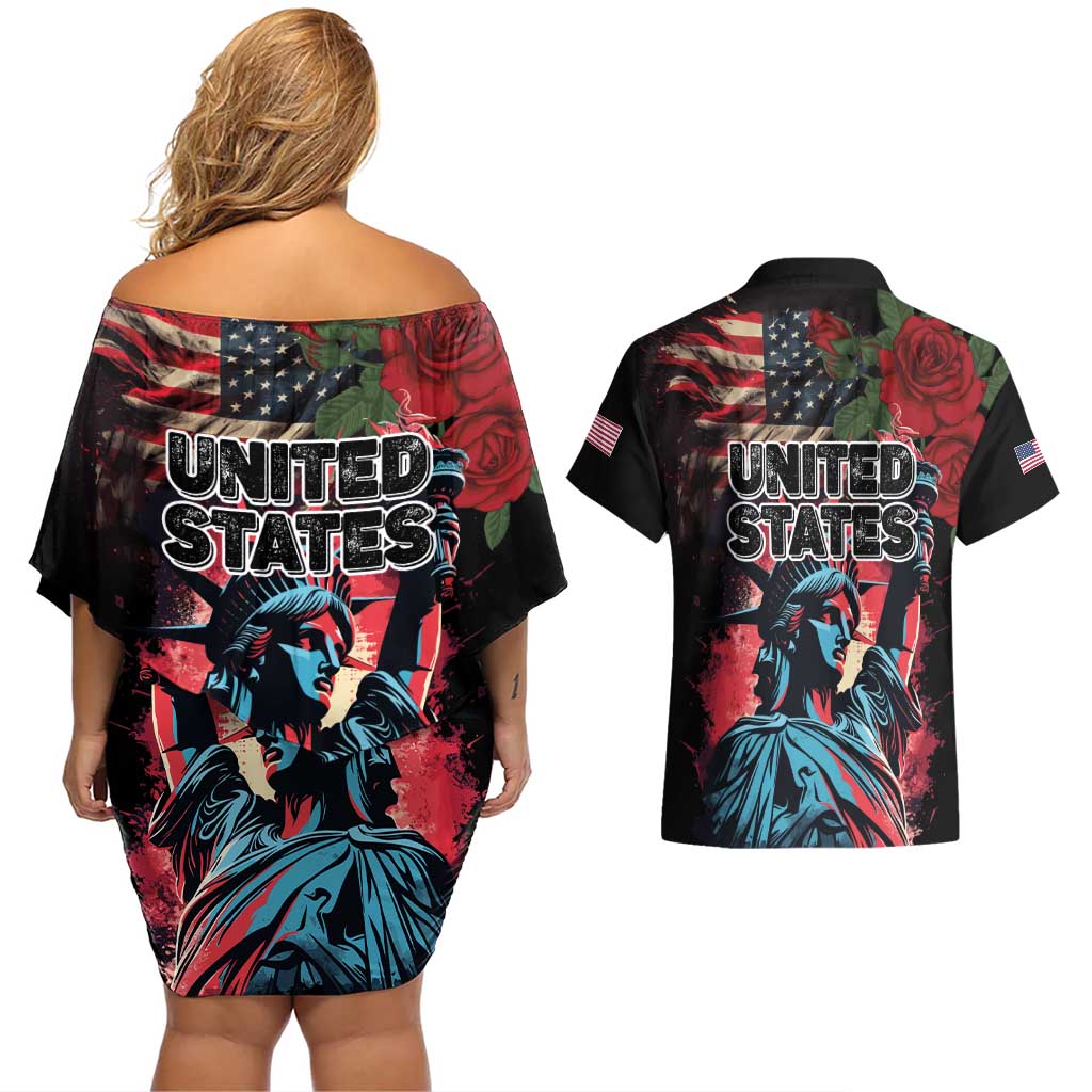 United States Independence Day Couples Matching Off Shoulder Short Dress and Hawaiian Shirt The 4th of July Statue of Liberty Retro Style - Wonder Print Shop