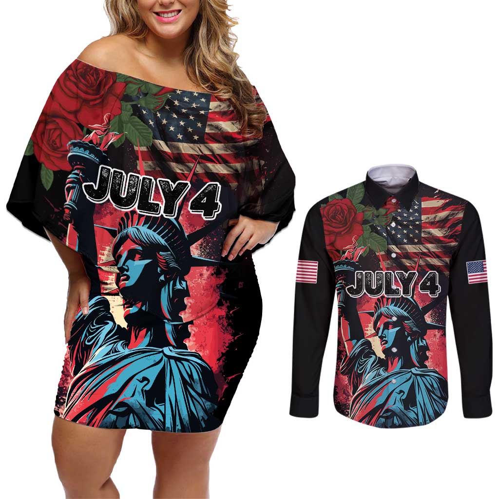 United States Independence Day Couples Matching Off Shoulder Short Dress and Long Sleeve Button Shirt The 4th of July Statue of Liberty Retro Style - Wonder Print Shop