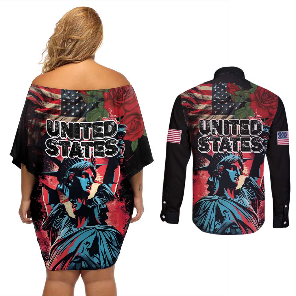 United States Independence Day Couples Matching Off Shoulder Short Dress and Long Sleeve Button Shirt The 4th of July Statue of Liberty Retro Style - Wonder Print Shop
