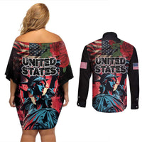 United States Independence Day Couples Matching Off Shoulder Short Dress and Long Sleeve Button Shirt The 4th of July Statue of Liberty Retro Style - Wonder Print Shop