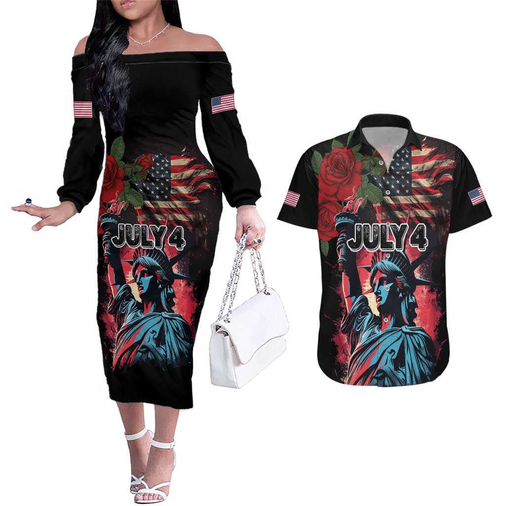 United States Independence Day Couples Matching Off The Shoulder Long Sleeve Dress and Hawaiian Shirt The 4th of July Statue of Liberty Retro Style - Wonder Print Shop