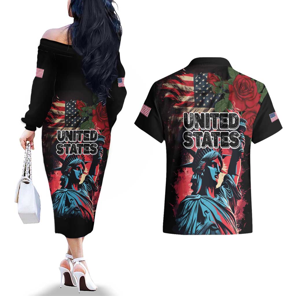 United States Independence Day Couples Matching Off The Shoulder Long Sleeve Dress and Hawaiian Shirt The 4th of July Statue of Liberty Retro Style - Wonder Print Shop