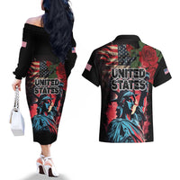 United States Independence Day Couples Matching Off The Shoulder Long Sleeve Dress and Hawaiian Shirt The 4th of July Statue of Liberty Retro Style - Wonder Print Shop