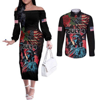 United States Independence Day Couples Matching Off The Shoulder Long Sleeve Dress and Long Sleeve Button Shirt The 4th of July Statue of Liberty Retro Style