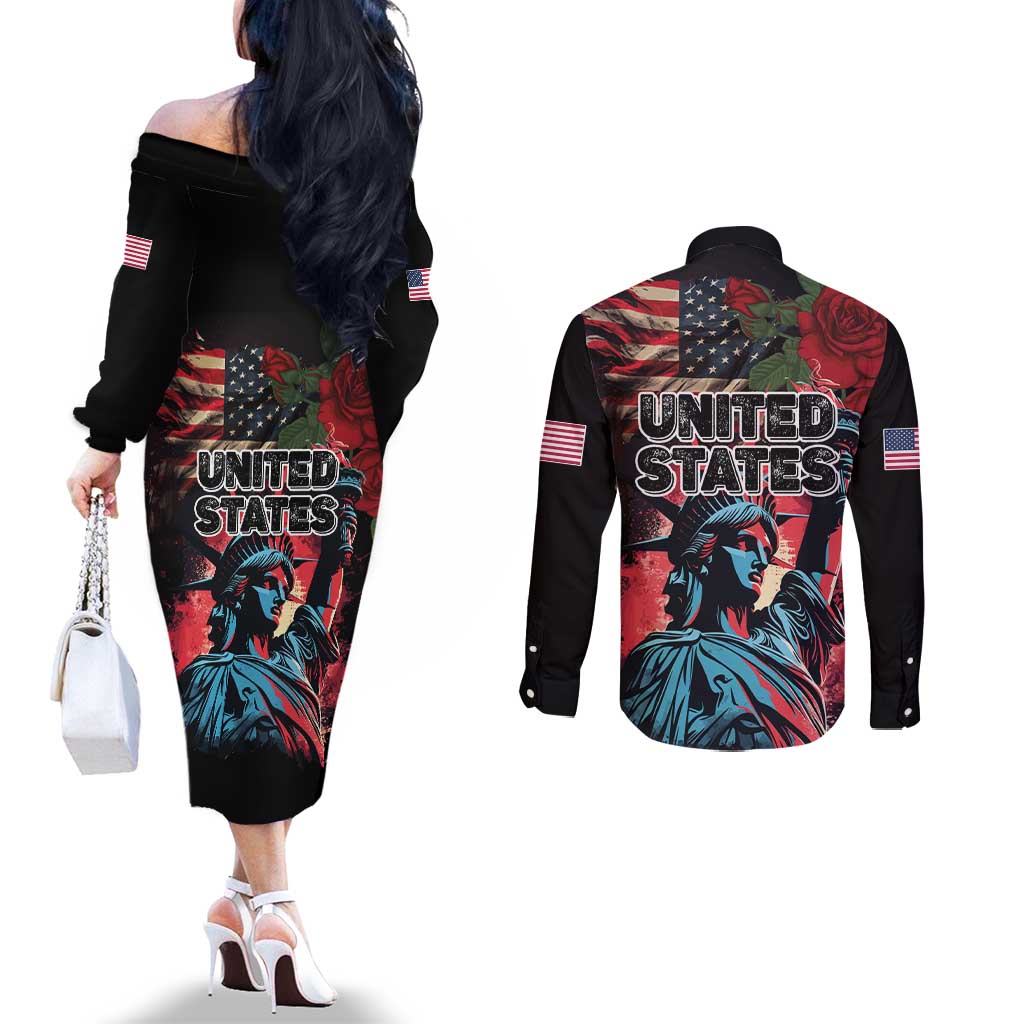 United States Independence Day Couples Matching Off The Shoulder Long Sleeve Dress and Long Sleeve Button Shirt The 4th of July Statue of Liberty Retro Style