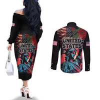 United States Independence Day Couples Matching Off The Shoulder Long Sleeve Dress and Long Sleeve Button Shirt The 4th of July Statue of Liberty Retro Style