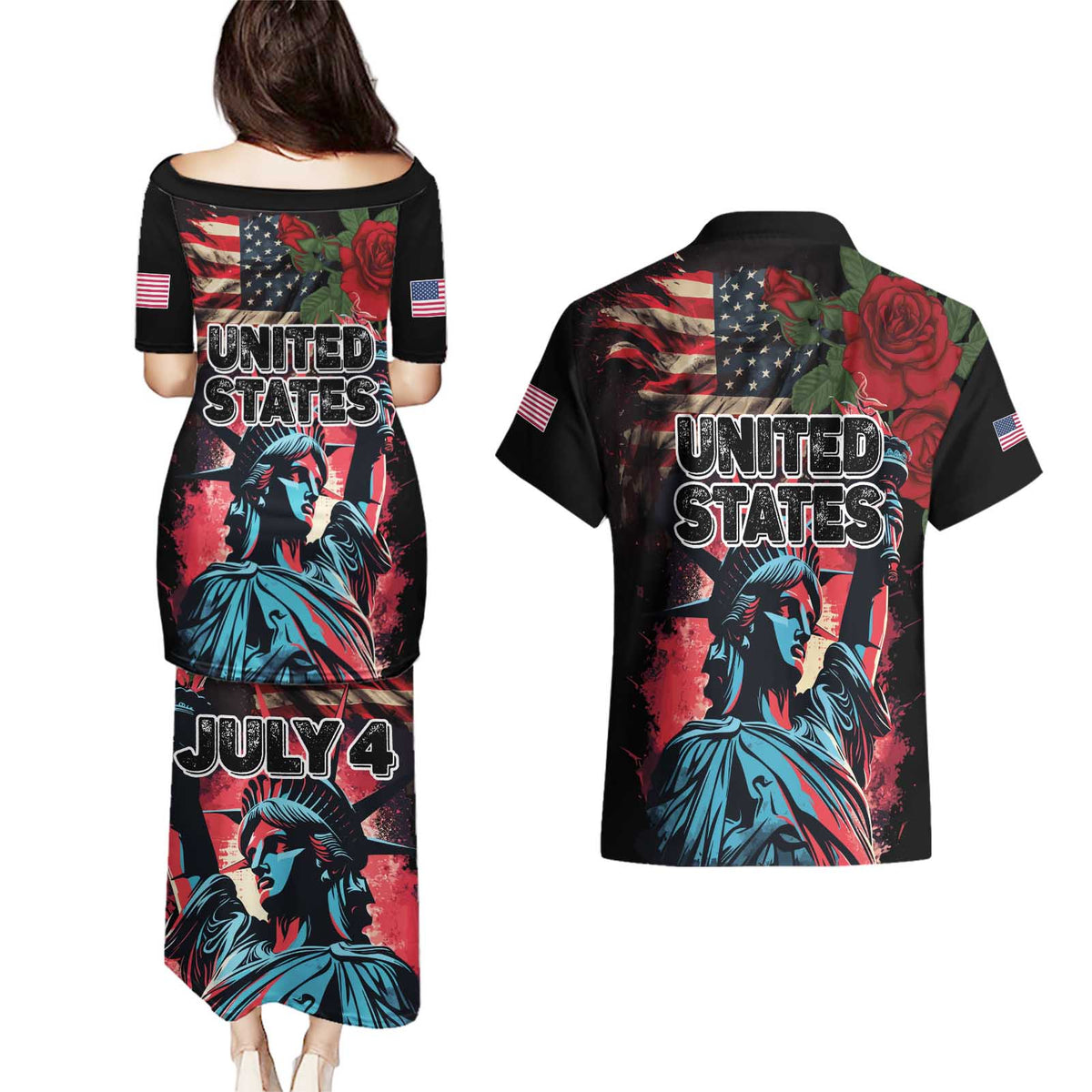 United States Independence Day Couples Matching Puletasi and Hawaiian Shirt The 4th of July Statue of Liberty Retro Style - Wonder Print Shop