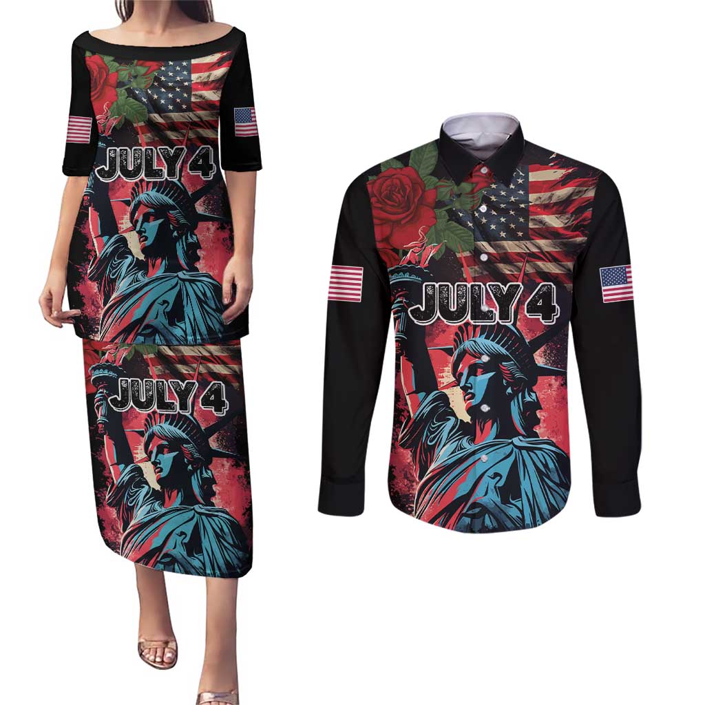 United States Independence Day Couples Matching Puletasi and Long Sleeve Button Shirt The 4th of July Statue of Liberty Retro Style - Wonder Print Shop