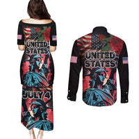 United States Independence Day Couples Matching Puletasi and Long Sleeve Button Shirt The 4th of July Statue of Liberty Retro Style - Wonder Print Shop
