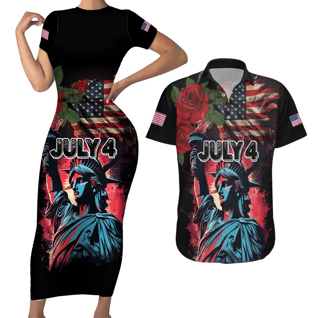 United States Independence Day Couples Matching Short Sleeve Bodycon Dress and Hawaiian Shirt The 4th of July Statue of Liberty Retro Style - Wonder Print Shop