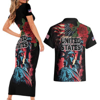 United States Independence Day Couples Matching Short Sleeve Bodycon Dress and Hawaiian Shirt The 4th of July Statue of Liberty Retro Style - Wonder Print Shop