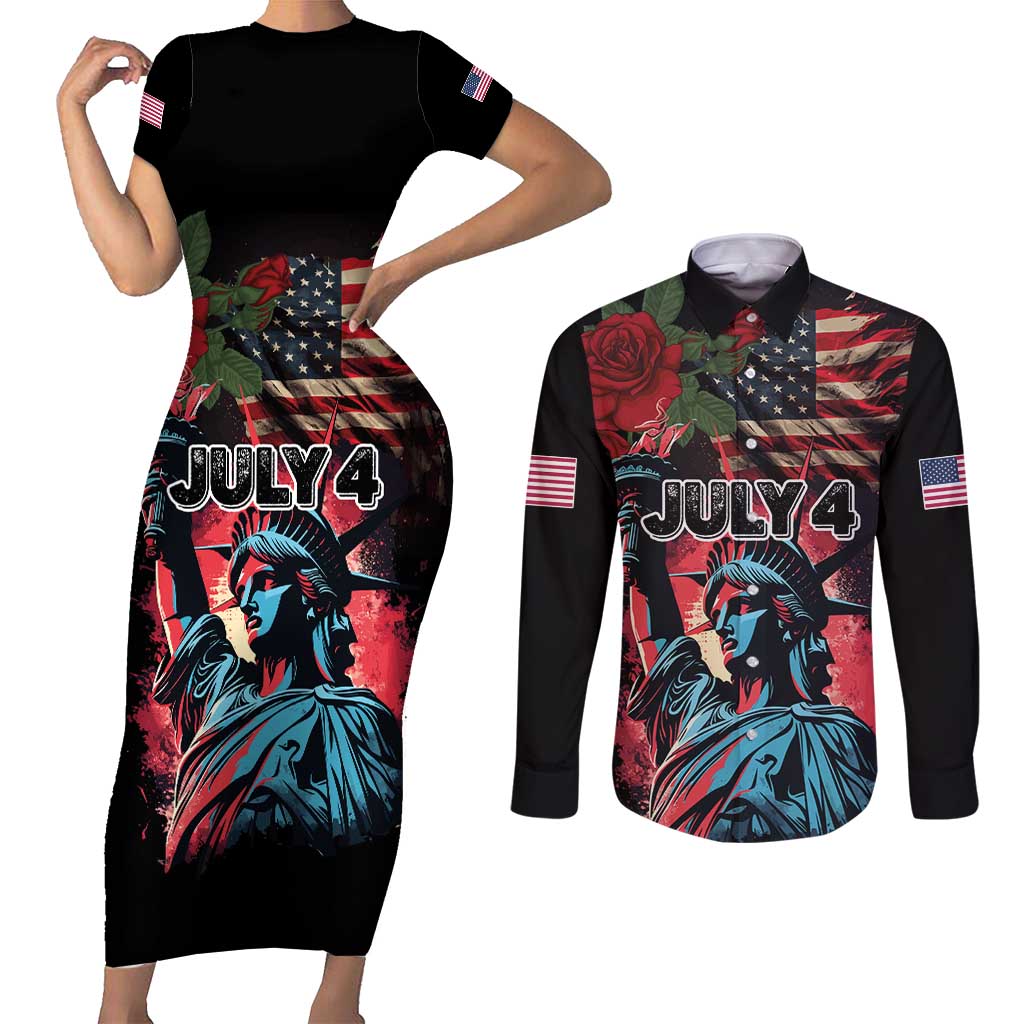 United States Independence Day Couples Matching Short Sleeve Bodycon Dress and Long Sleeve Button Shirt The 4th of July Statue of Liberty Retro Style - Wonder Print Shop