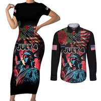United States Independence Day Couples Matching Short Sleeve Bodycon Dress and Long Sleeve Button Shirt The 4th of July Statue of Liberty Retro Style - Wonder Print Shop