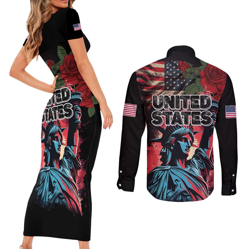 United States Independence Day Couples Matching Short Sleeve Bodycon Dress and Long Sleeve Button Shirt The 4th of July Statue of Liberty Retro Style - Wonder Print Shop