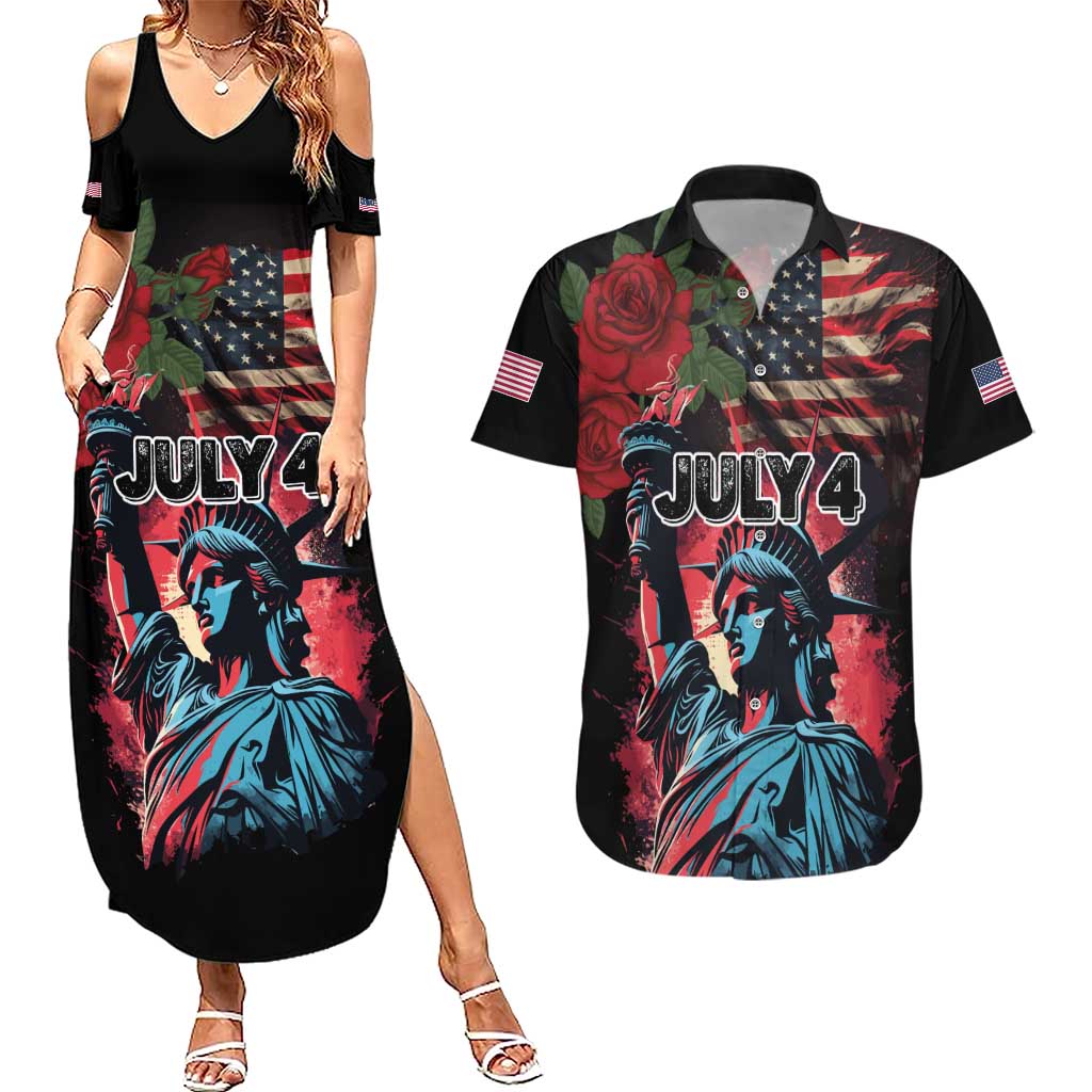 United States Independence Day Couples Matching Summer Maxi Dress and Hawaiian Shirt The 4th of July Statue of Liberty Retro Style - Wonder Print Shop