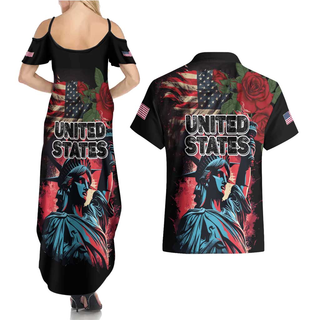 United States Independence Day Couples Matching Summer Maxi Dress and Hawaiian Shirt The 4th of July Statue of Liberty Retro Style - Wonder Print Shop