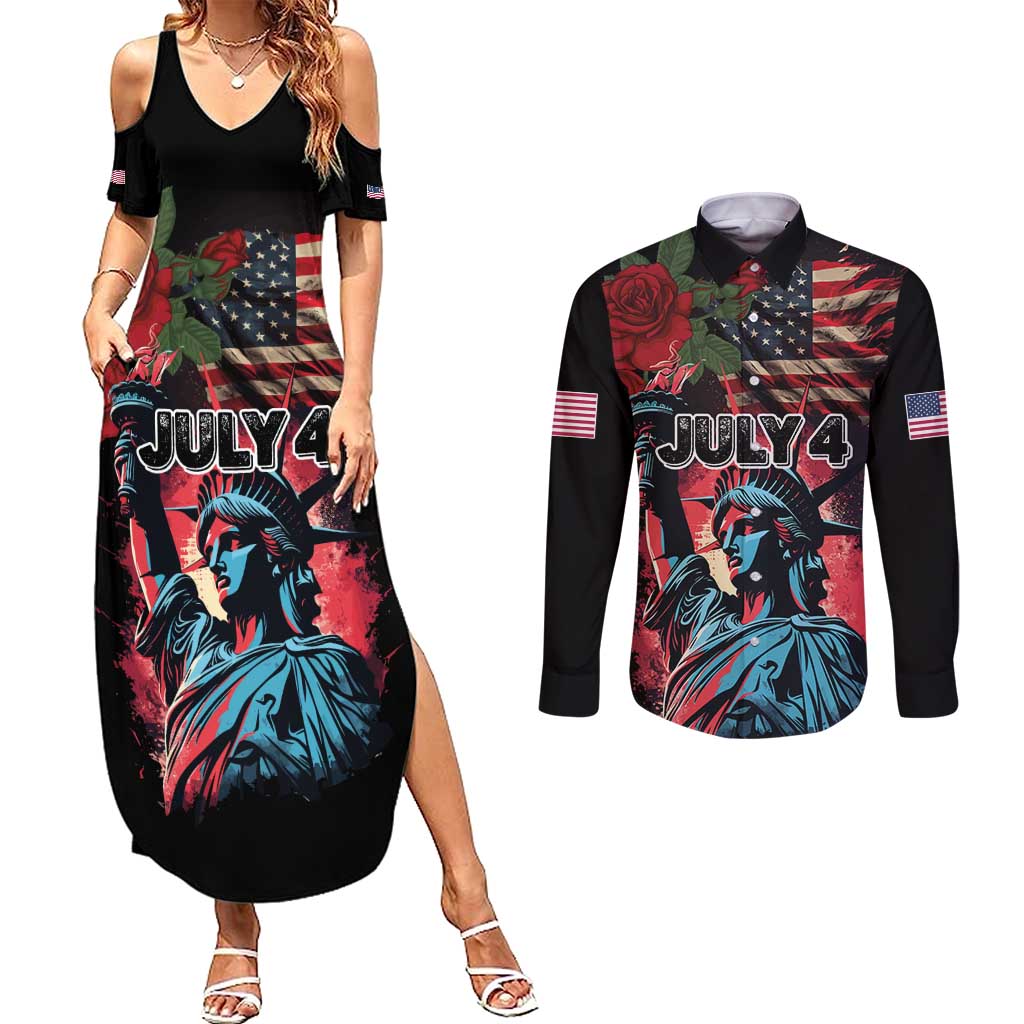 United States Independence Day Couples Matching Summer Maxi Dress and Long Sleeve Button Shirt The 4th of July Statue of Liberty Retro Style - Wonder Print Shop