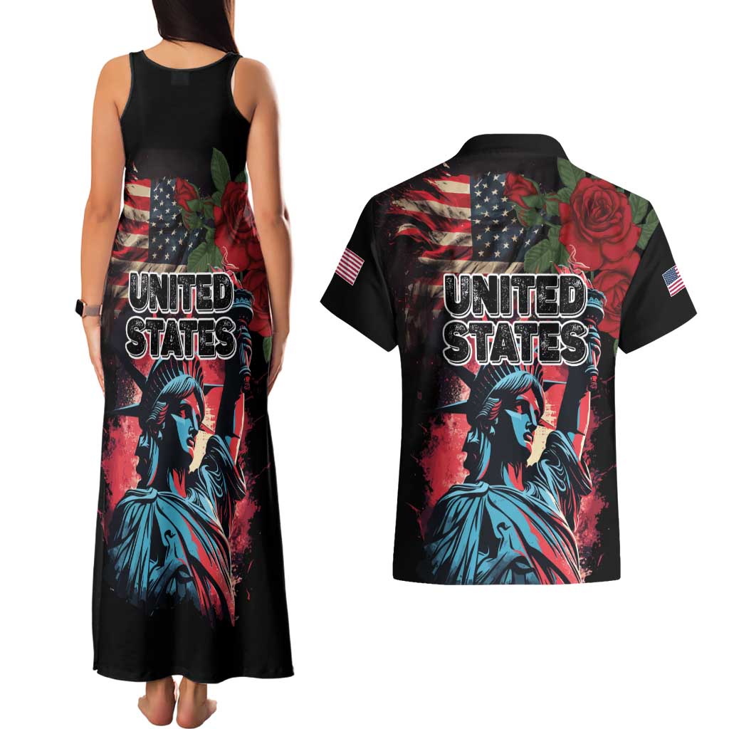 United States Independence Day Couples Matching Tank Maxi Dress and Hawaiian Shirt The 4th of July Statue of Liberty Retro Style - Wonder Print Shop