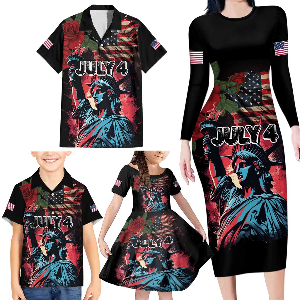United States Independence Day Family Matching Long Sleeve Bodycon Dress and Hawaiian Shirt The 4th of July Statue of Liberty Retro Style - Wonder Print Shop