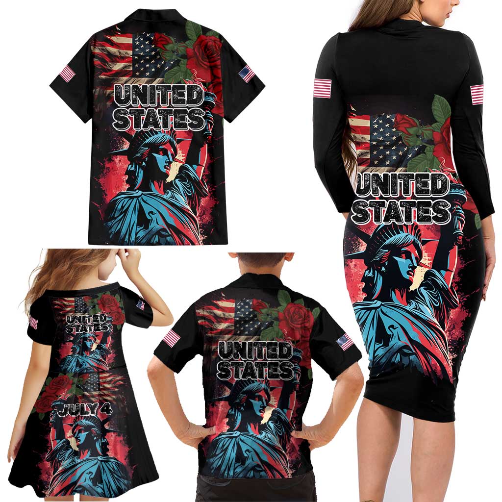 United States Independence Day Family Matching Long Sleeve Bodycon Dress and Hawaiian Shirt The 4th of July Statue of Liberty Retro Style - Wonder Print Shop