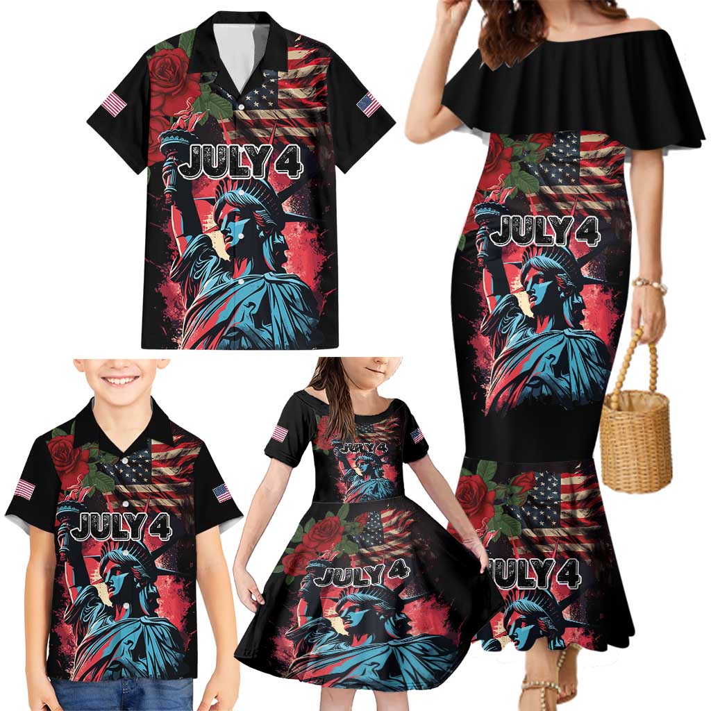 United States Independence Day Family Matching Mermaid Dress and Hawaiian Shirt The 4th of July Statue of Liberty Retro Style - Wonder Print Shop